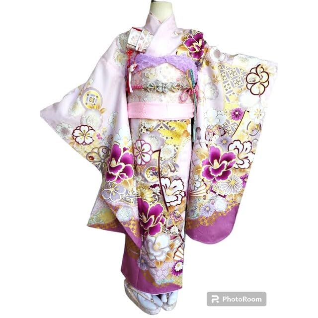 Amazon.co.jp: 高級 薄いピンク紫の着物に作り帯 七五三 フルセット